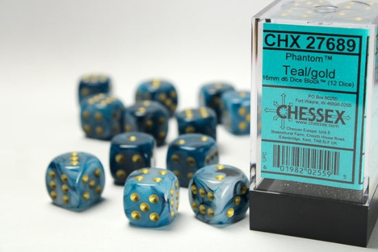 Chessex 16mm D6 Dice Block Phantom Teal/Gold - Good Games