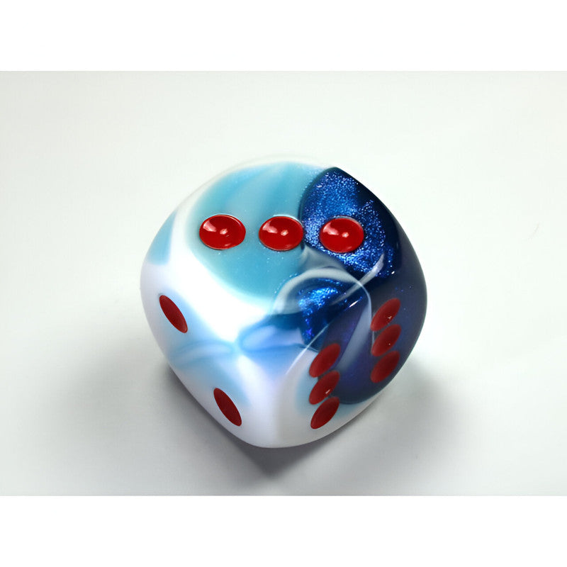 Chessex Gemini Swirled blue and white d6 dice with glittery dark blue accents and red pips, showing 3, 5, and 1