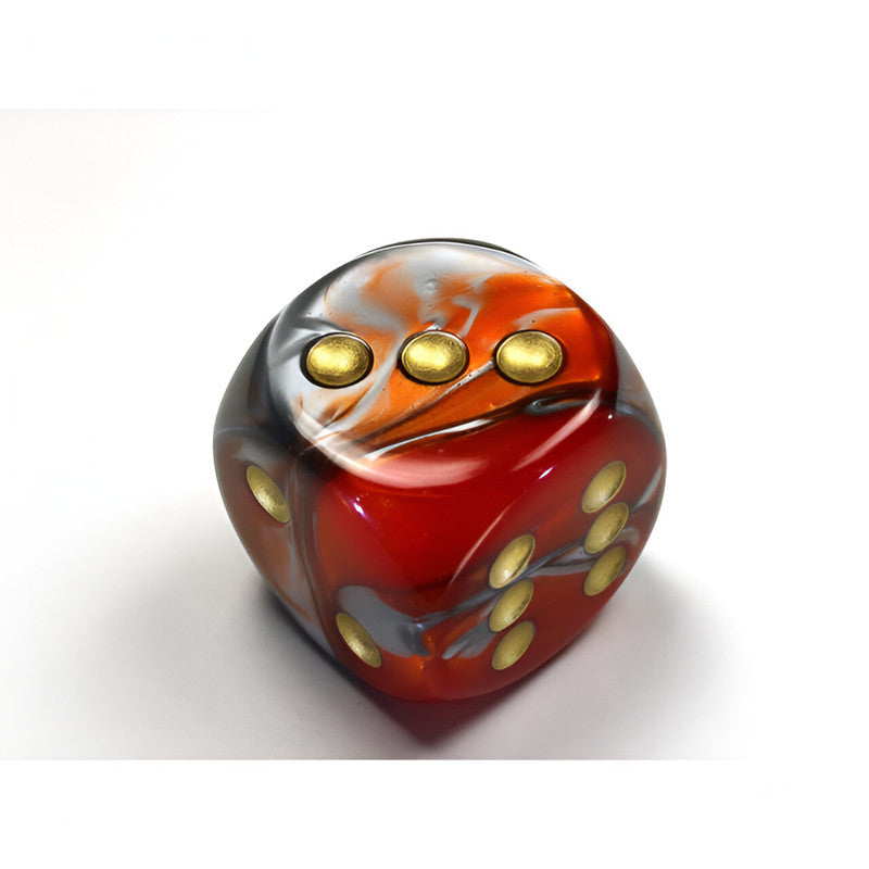 A Chessex Gemini swirled red, orange, grey, and white d6 dice with gold pips showing 3 on top and 5 on the front