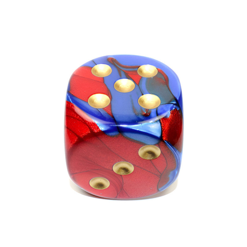 Chessex Gemini Rounded red and blue swirled d6 dice, with gold pips showing 6 and 3, on a white background