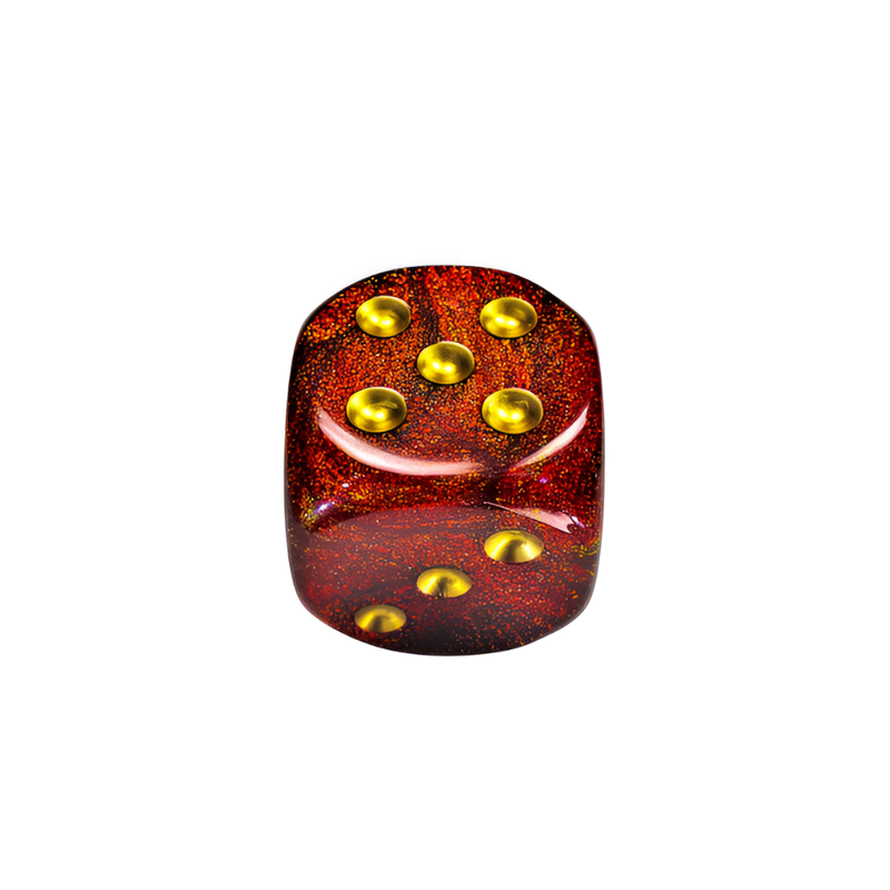 A Chessex glittery red d6 dice with gold pips showing 5 on top and 3 on the side