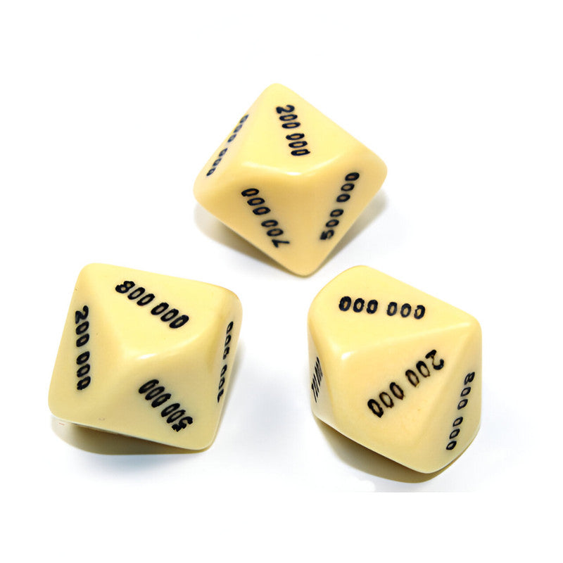 Chessex three cream polyhedral d6 dice with faces displaying large numbers, such as 200,000, 800,000, on white