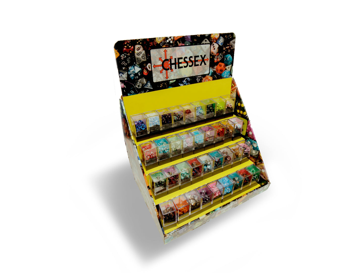 A Chessix retail display stand with numerous colorful polyhedral dice sets in clear plastic cases