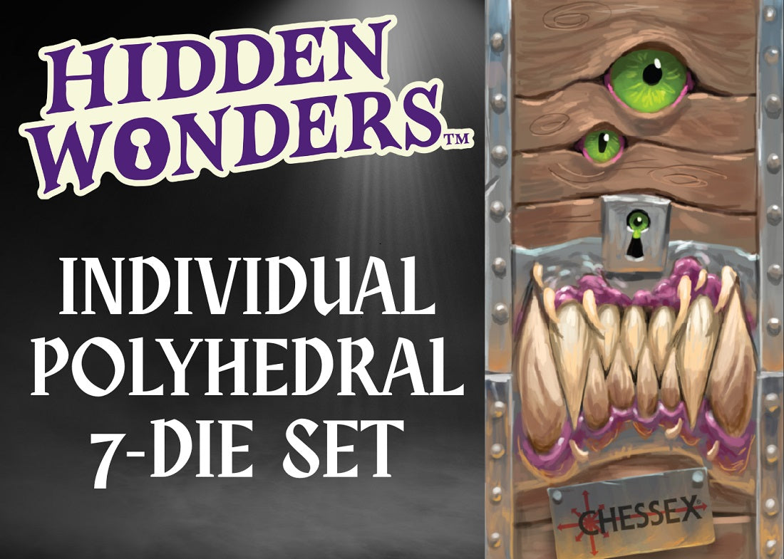 Hidden Wonders 7-Die Set text next to a graphic of a monster mimic chest with eyes, teeth, and a lock