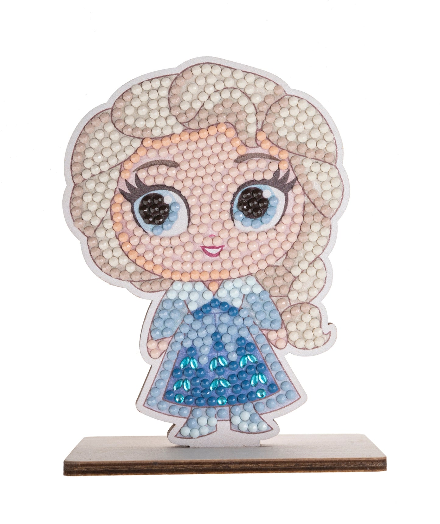 Chibi Elsa figurine (Disney's Frozen) created with diamond painting rhinestones, mounted on a wood base