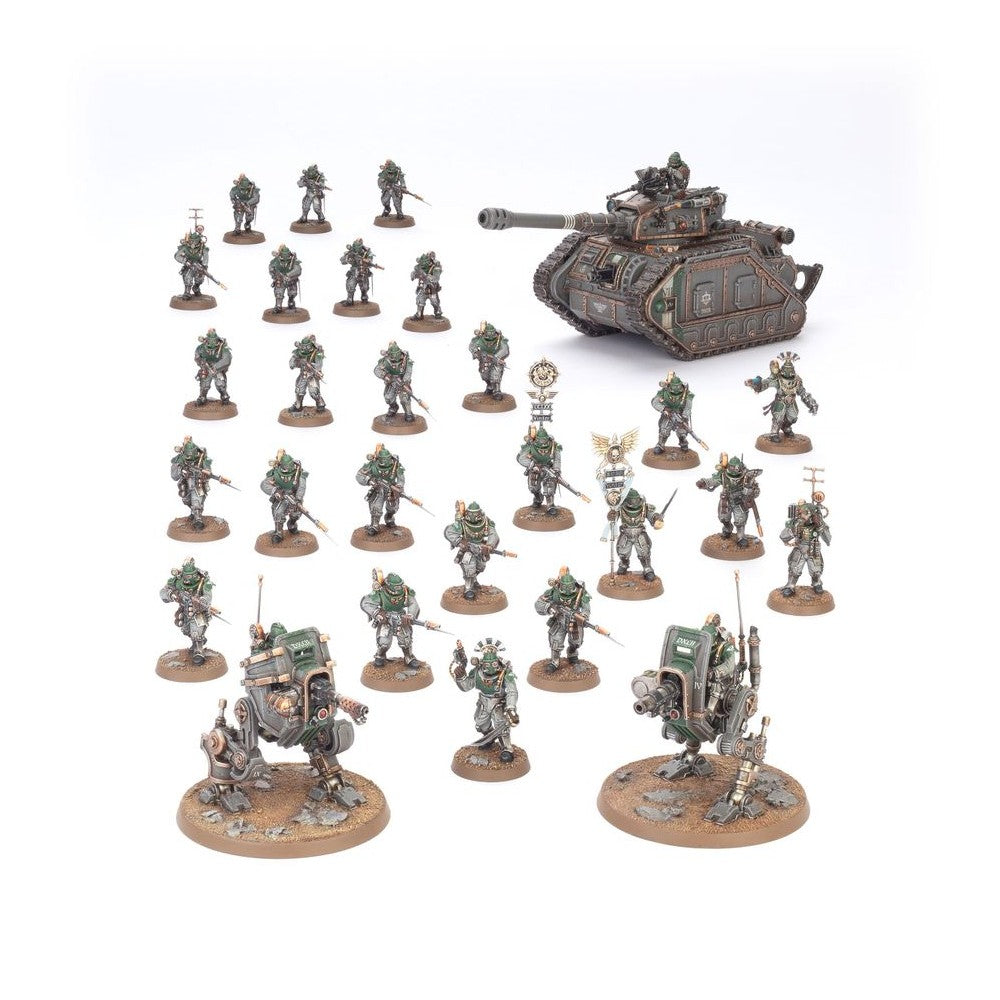 Painted sci-fi military miniatures: a tank, two walkers, and numerous infantry soldiers