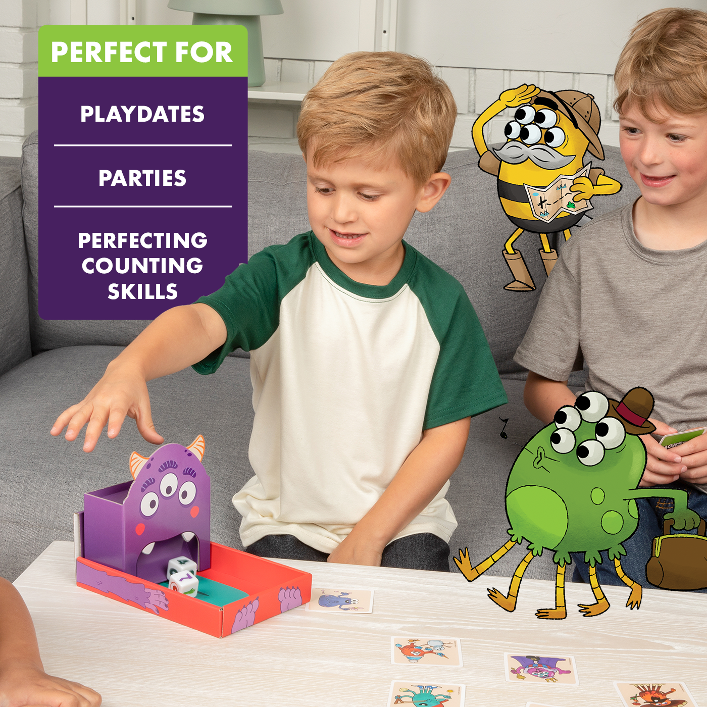 Two boys play a monster-themed counting game with a purple dice roller. Great for perfecting counting skills