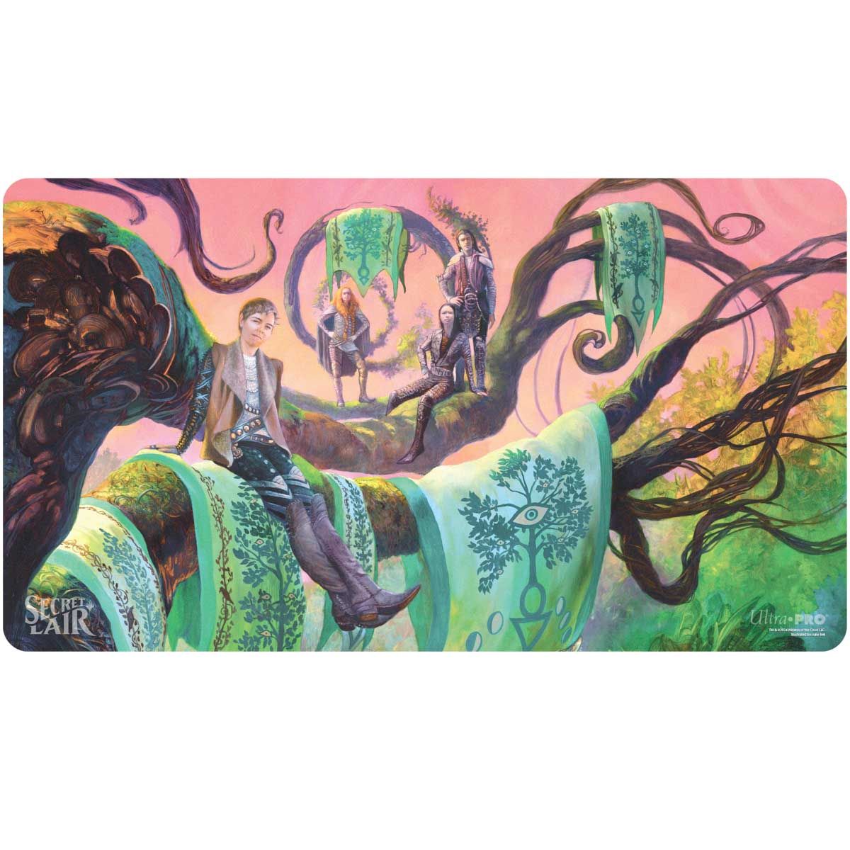 A fantasy playmat showing five figures on large tree branches with green banners depicting tree and eye symbols under a pink sky