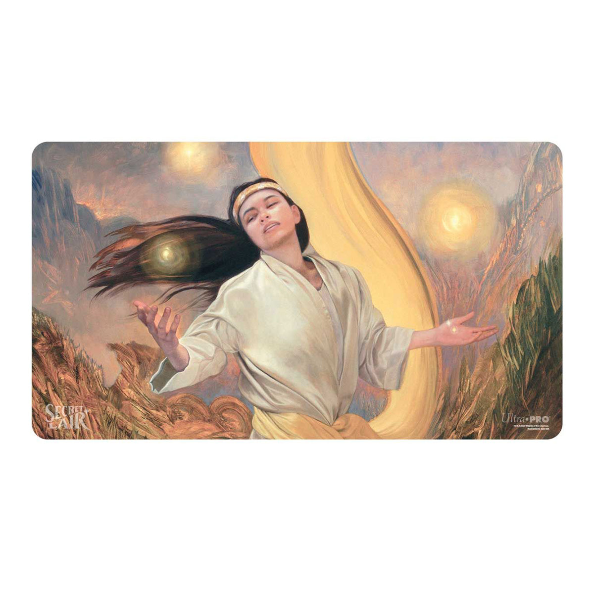 Ultra Pro Secret Lair playmat featuring a robed figure with flowing hair and outstretched arms holding glowing orbs, amidst a mystical landscape with golden light