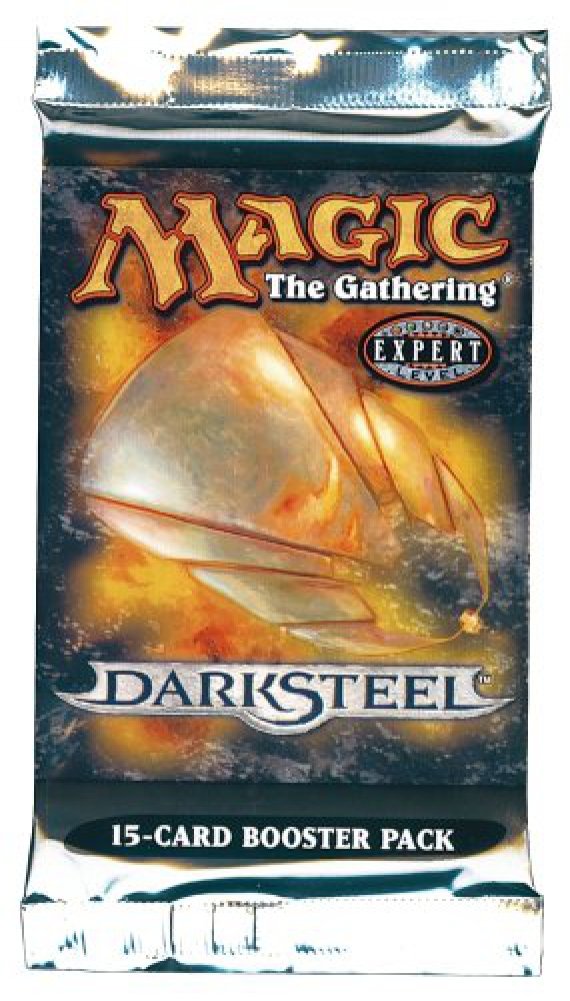 A Darksteel 15-card booster pack featuring a metallic creature design on a dark and fiery orange background