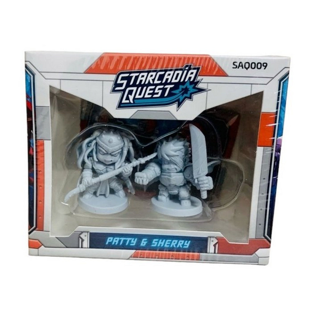 A Starcadia Quest box displaying two unpainted grey miniatures, Patty (holding a staff) and Sherry (holding a sword)