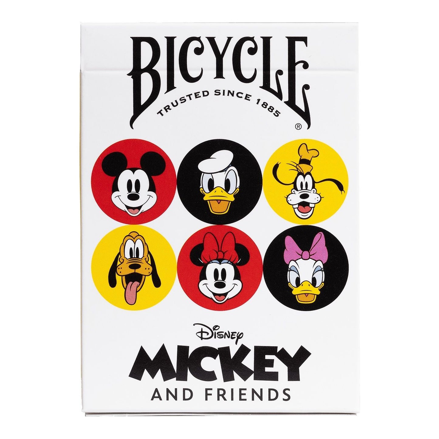 White Bicycle playing card box with six circular portraits of Disney characters: Mickey, Donald, Goofy, Pluto, Minnie and Daisy