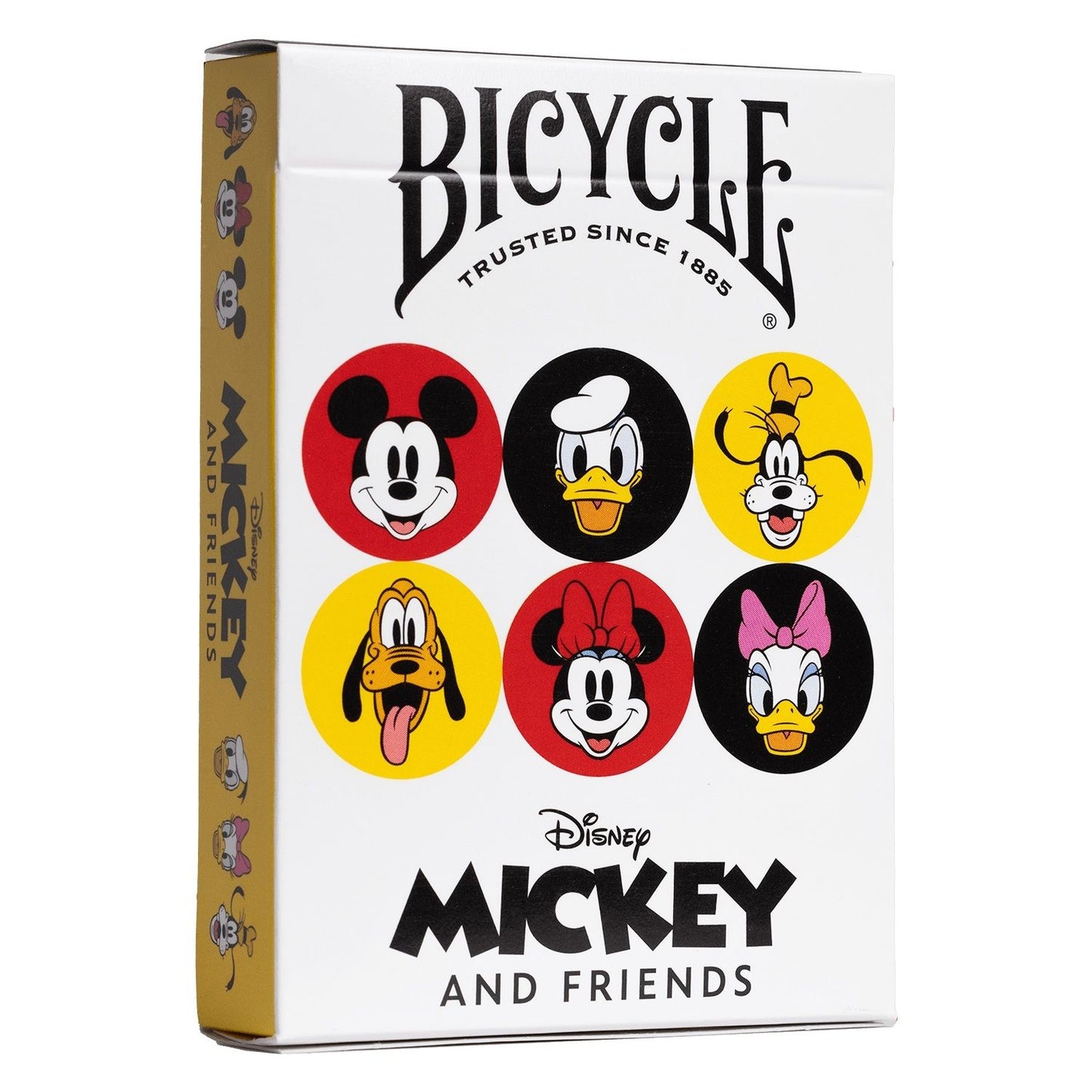 Bicycle playing cards box, white, with portraits of six Disney characters: Mickey, Minnie, Donald, Daisy, Goofy and Pluto