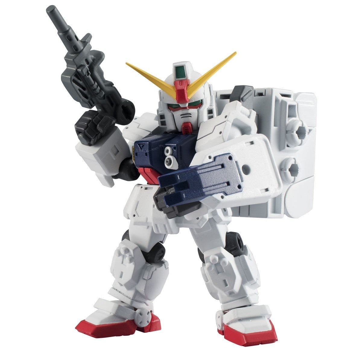 White, squat Gundam action figure holding a rifle and shield