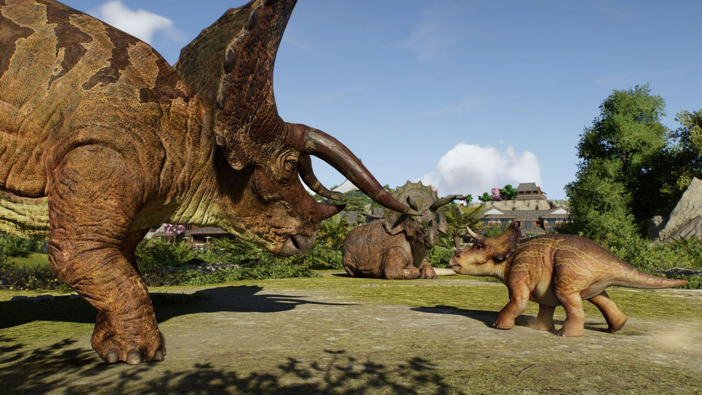 Large adult Triceratops leans down toward a baby Triceratops in a grassy enclosure, with buildings visible in the distance
