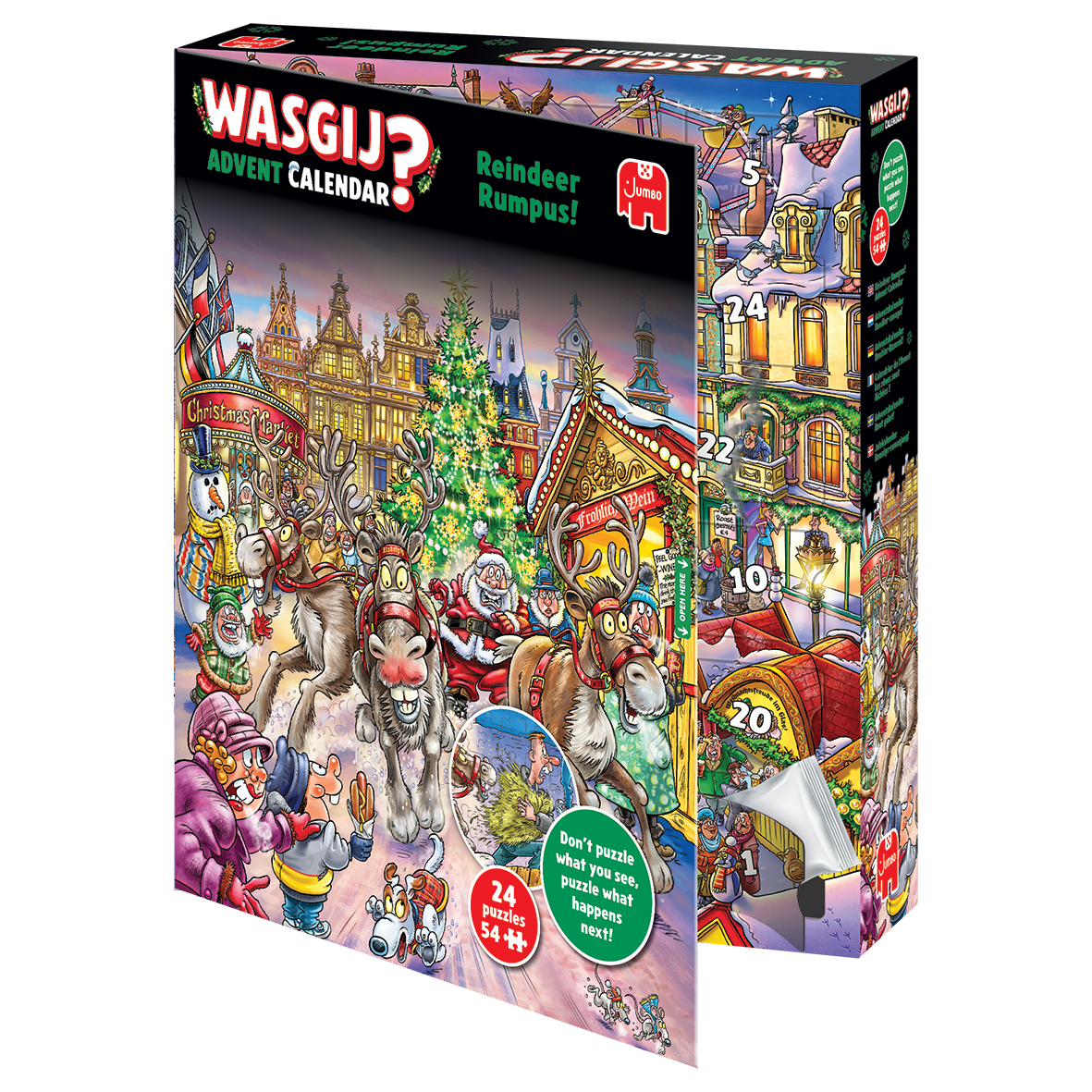 Wasgij? Reindeer Rumpus! Advent Calendar puzzle box with a chaotic Christmas market illustration