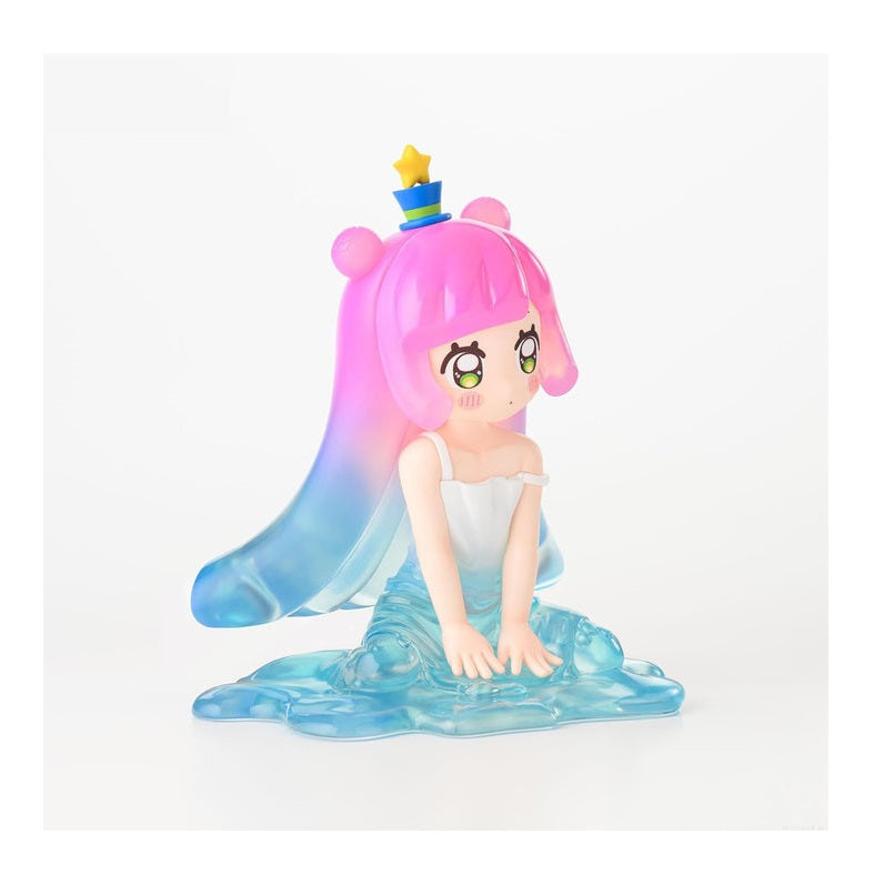 Anime girl figurine with long pink-to-blue hair, a star hat, sitting on a translucent blue water base