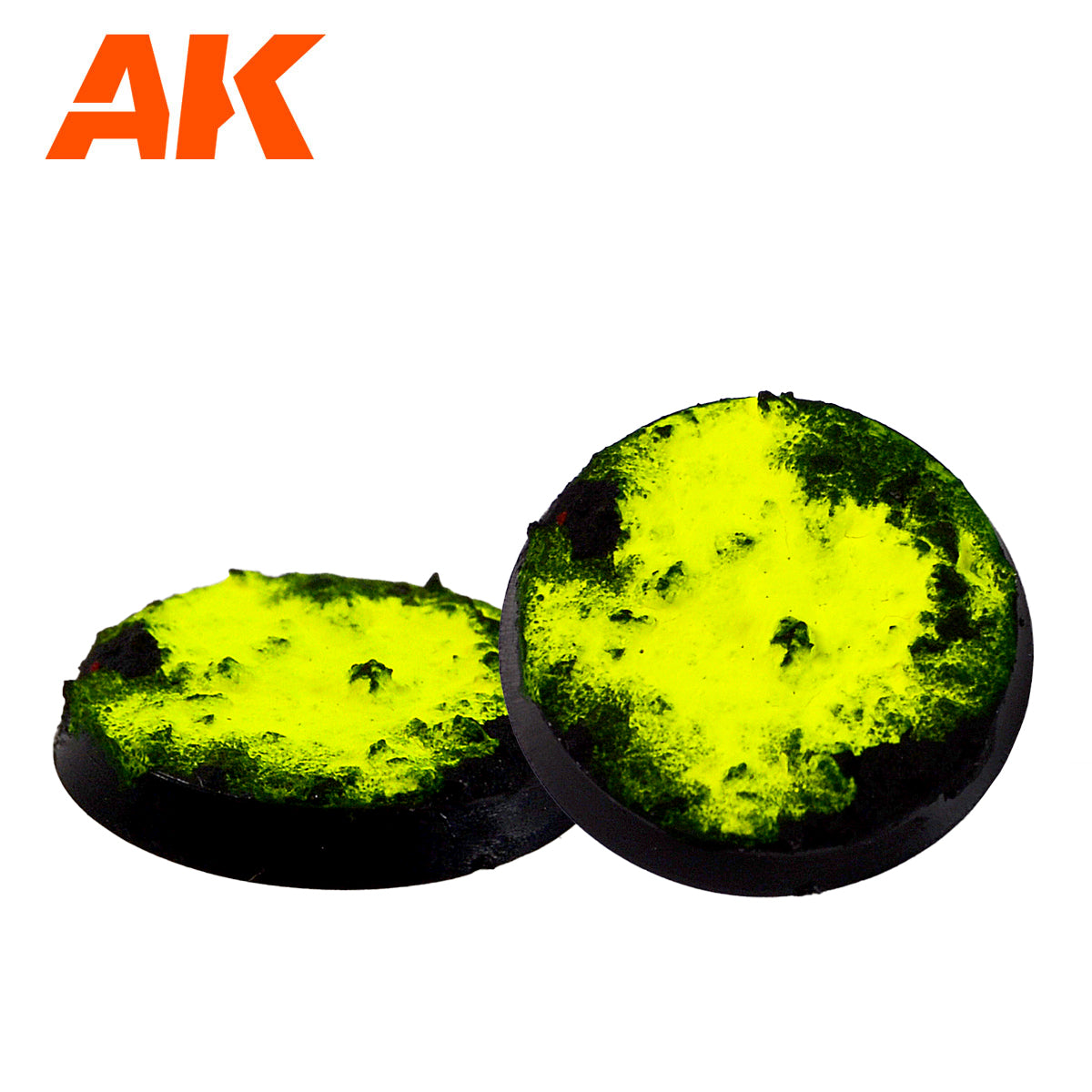Neon yellow-green textured terrain effect on two black circular bases, with AK logo