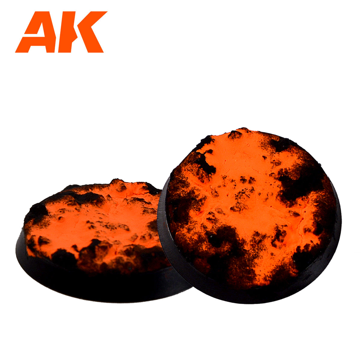 Two circular miniature bases with a vivid orange lava effect and dark, rough, charred rock texture