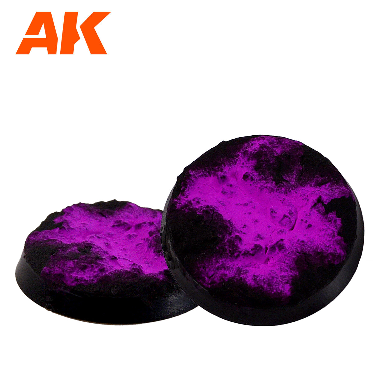 Two black, circular miniature bases with vibrant purple and black textured, mottled surfaces