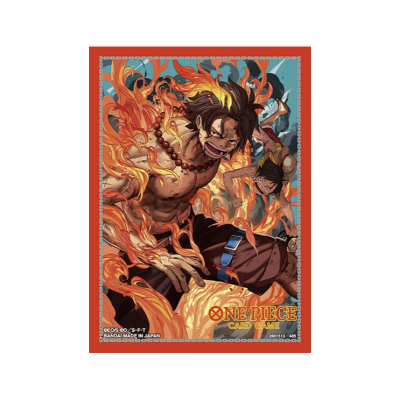 Portgas D. Ace engulfed in bright orange flames, standing fiercely beside a falling Monkey D. Luffy, one Piece Card Game sleeve art