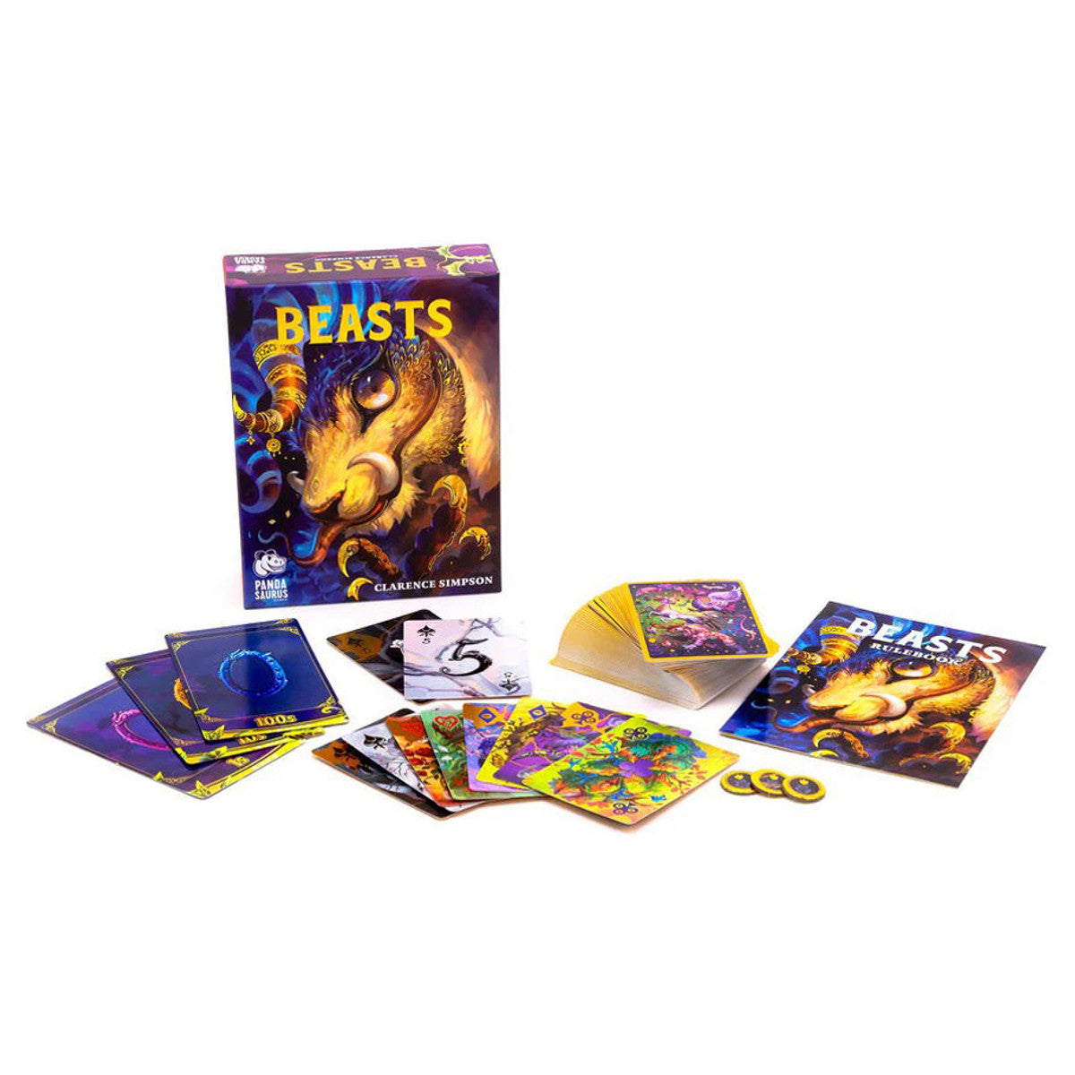Beasts board game contents: box featuring a golden creature, rulebook, stack of cards, and tokens displayed on white