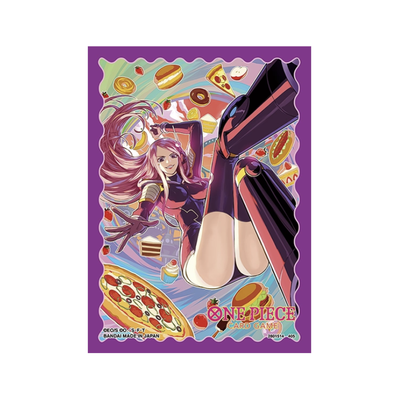 Anime illustration of Jewelry Bonney (One Piece) in a purple bodysuit surrounded by pizza, donuts, cakes, and other desserts, used as a card sleeve