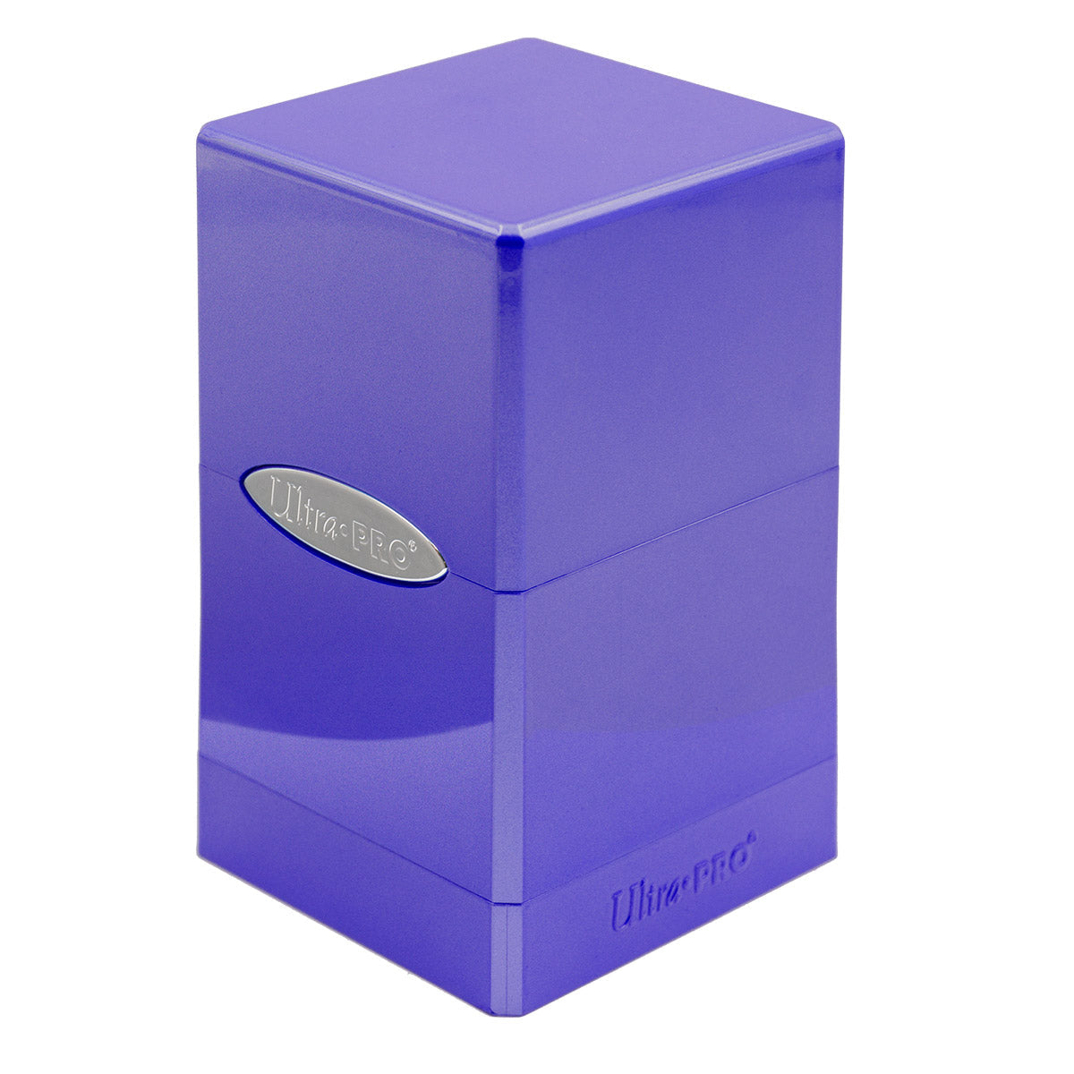 A purple Ultra Pro plastic deck box with a silver logo emblem, standing upright