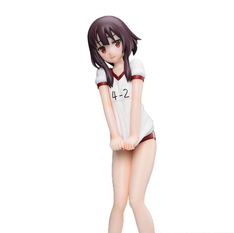 Megumin Gym Clothes Anime figurine of a girl in a white athletic shirt with 4-2 and red shorts
