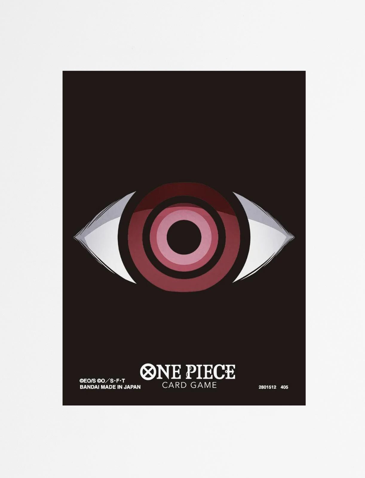 One Piece Card Game graphic with a large, stylized red and white concentric eye design on a black background