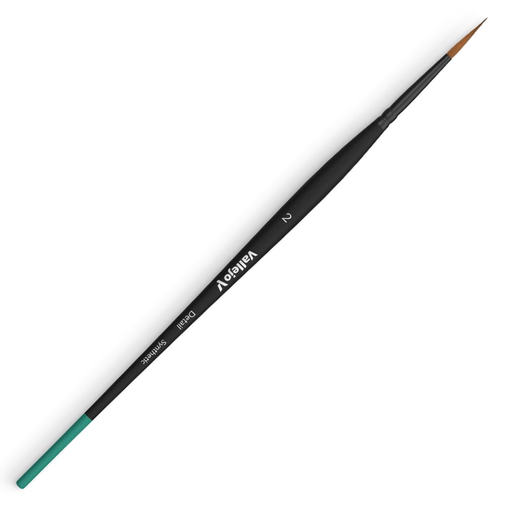 Vallejo Detail Synthetic brush size 2 features a matte black handle with a teal base and precise synthetic fibers angled on a bright white background