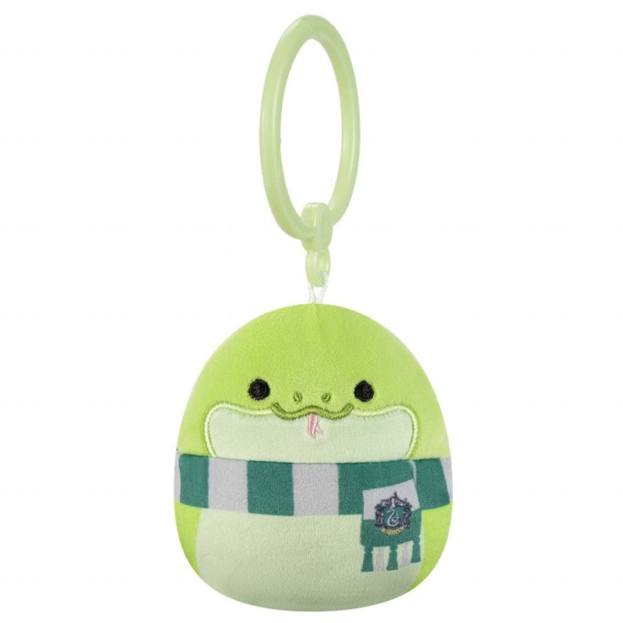 The 35 inch Squishmallows Harry Potter mini clip features a round green snake plush wearing a Slytherin scarf and a light green plastic keyring