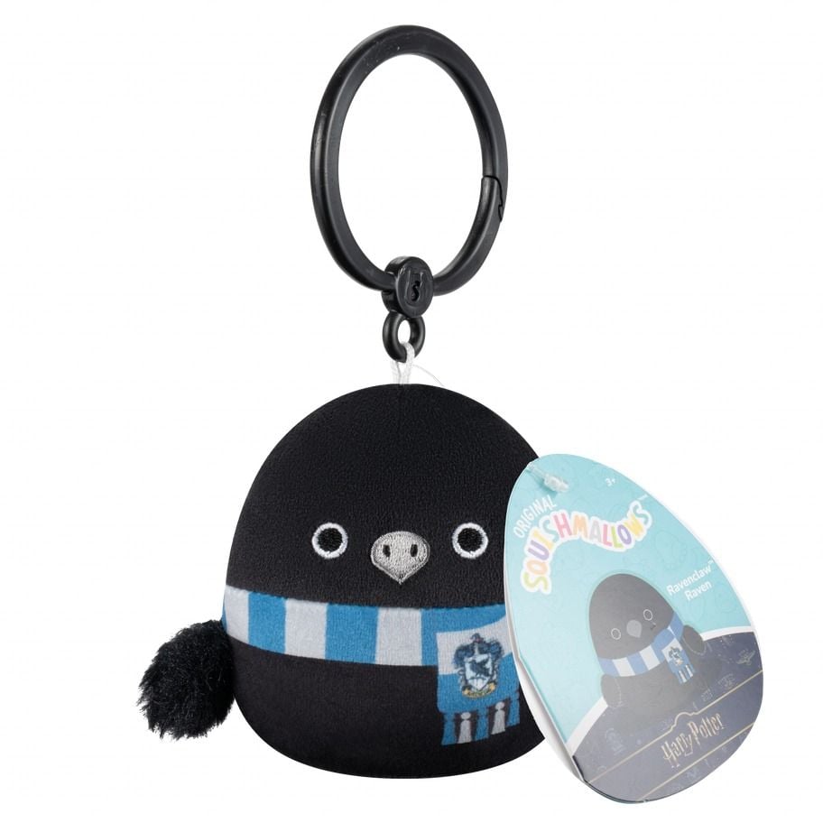 A black Squishmallows Raven mini clip from the Harry Potter collection wearing a blue and white Ravenclaw scarf attached to a black plastic key clip