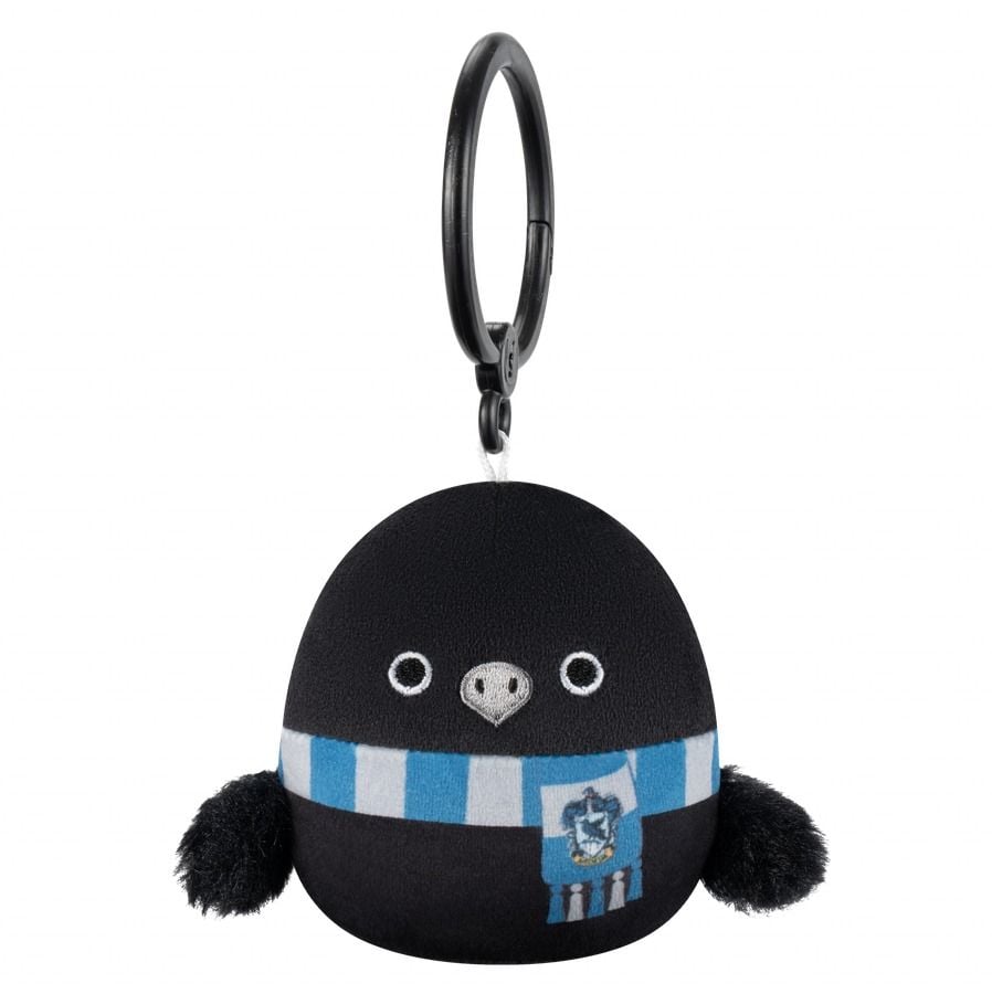 This black 35 inch Harry Potter Squishmallows mini clip is dressed in a blue and white striped Ravenclaw scarf featuring the house crest and includes a sturdy black clip
