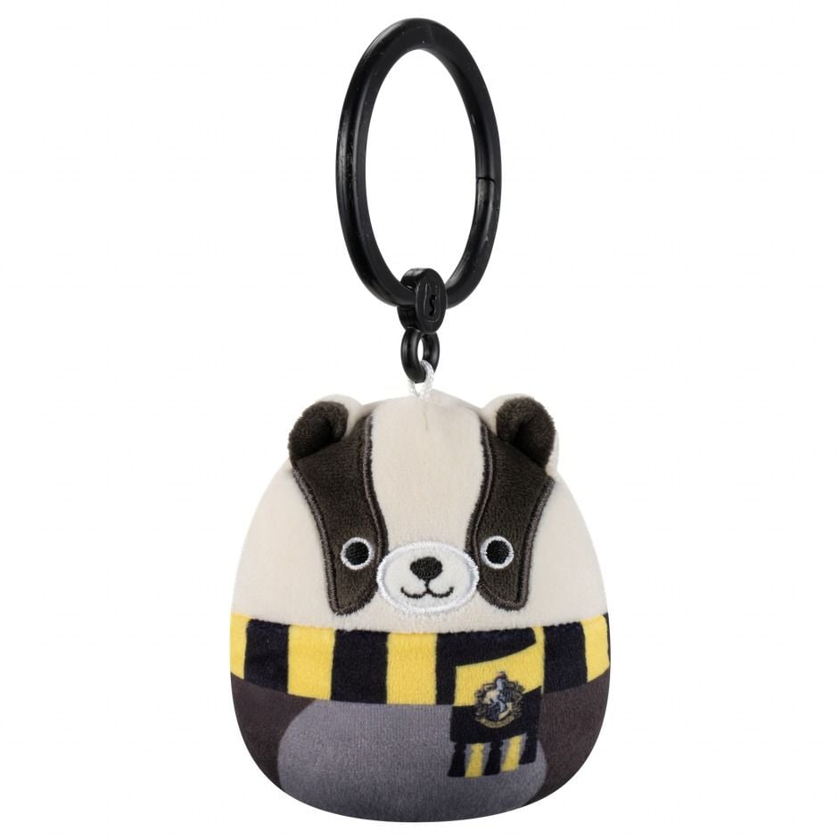 Close-up of a 35-inch Squishmallows Hufflepuff badger clip plush detailed with a yellow and black scarf and attached to a large black plastic ring