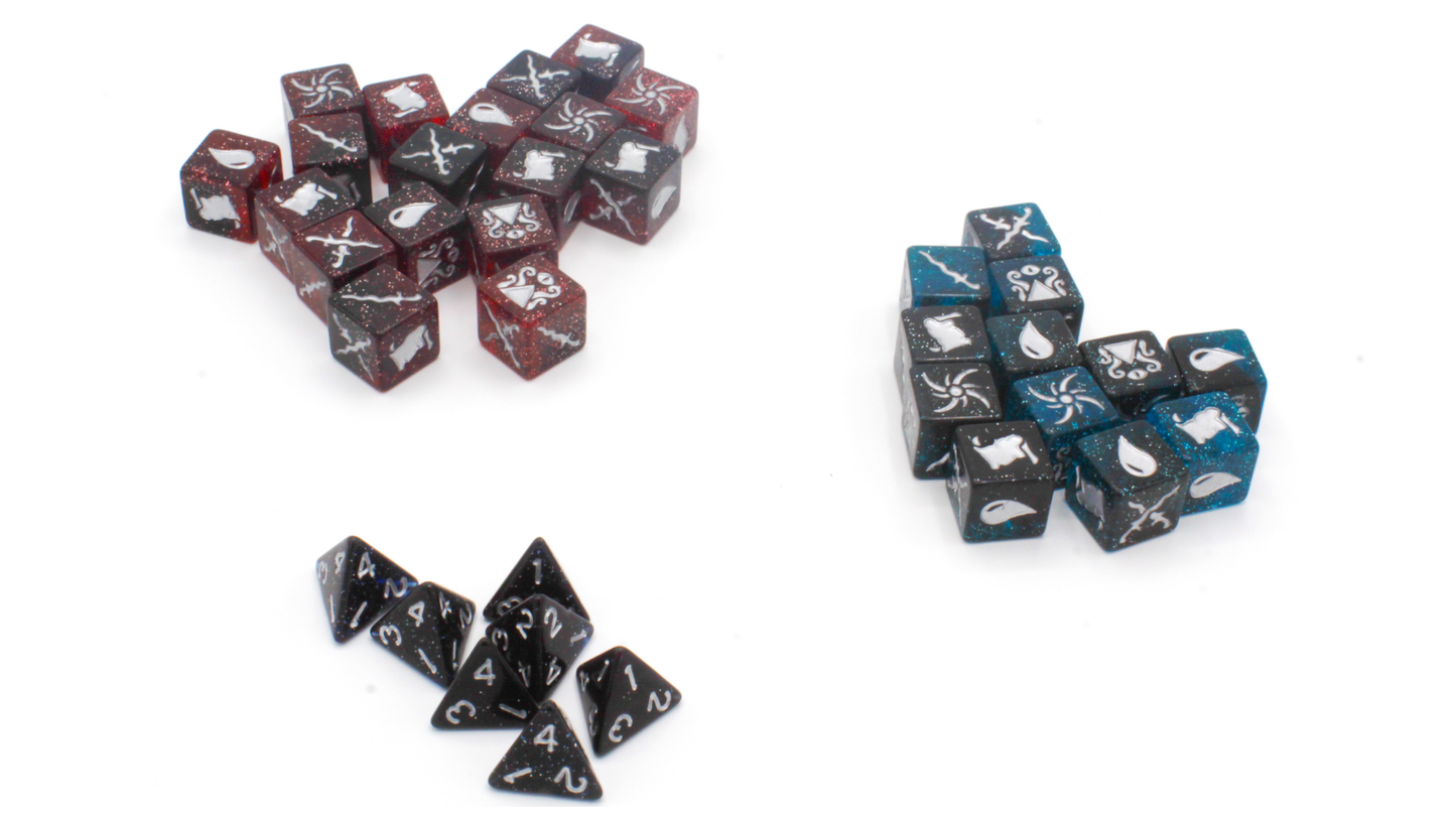Piles of glittery dice on white: red and blue cubes with symbols, and black triangular dice with numbers