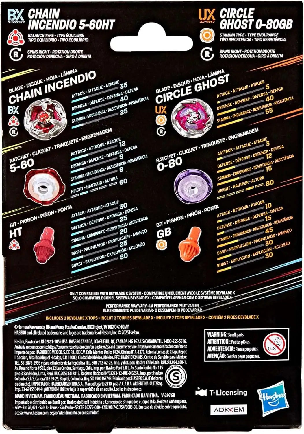 Beyblade X package back displaying stats and components for red Chain Incendio and purple Circle Ghost spinning tops