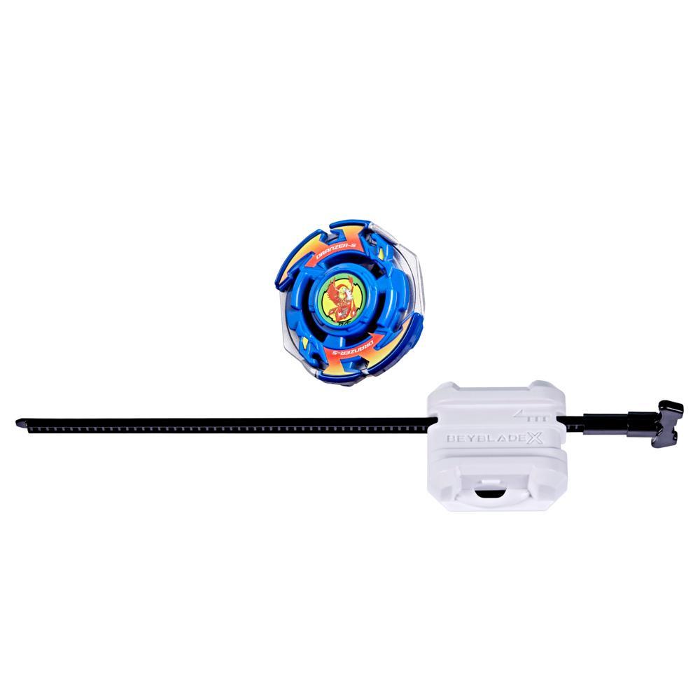 A blue and yellow Beyblade X Dranzer Spiral top with a phoenix graphic is next to a white ripcord launcher