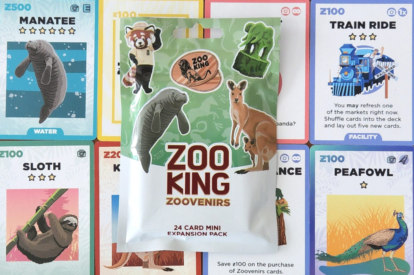 Close-up of souvenir cards with colorful illustrations and icons