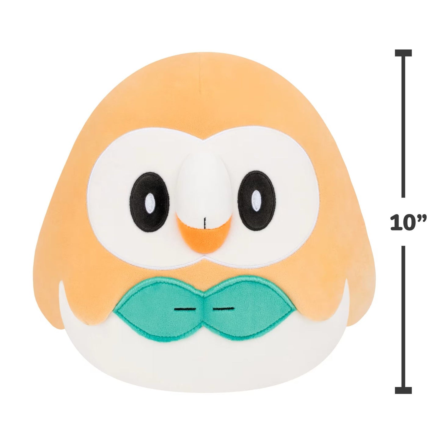Close-up of a soft 10-inch Squishmallows plush depicting the Pokémon Rowlet with a smooth orange head, white face, and mint green leaf details