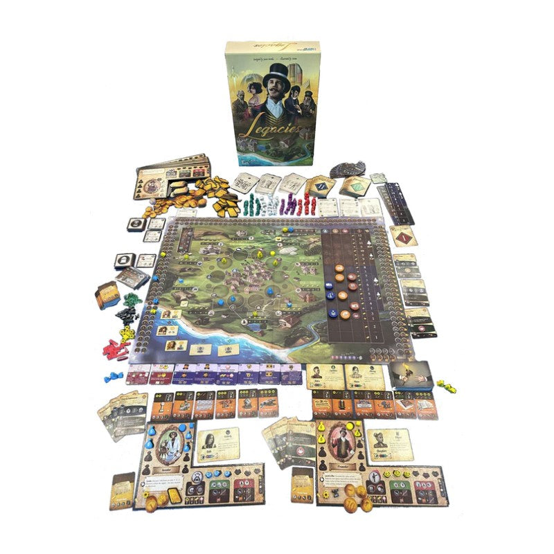 The board game "Legacies" laid out with its box, detailed game board, cards, and various components
