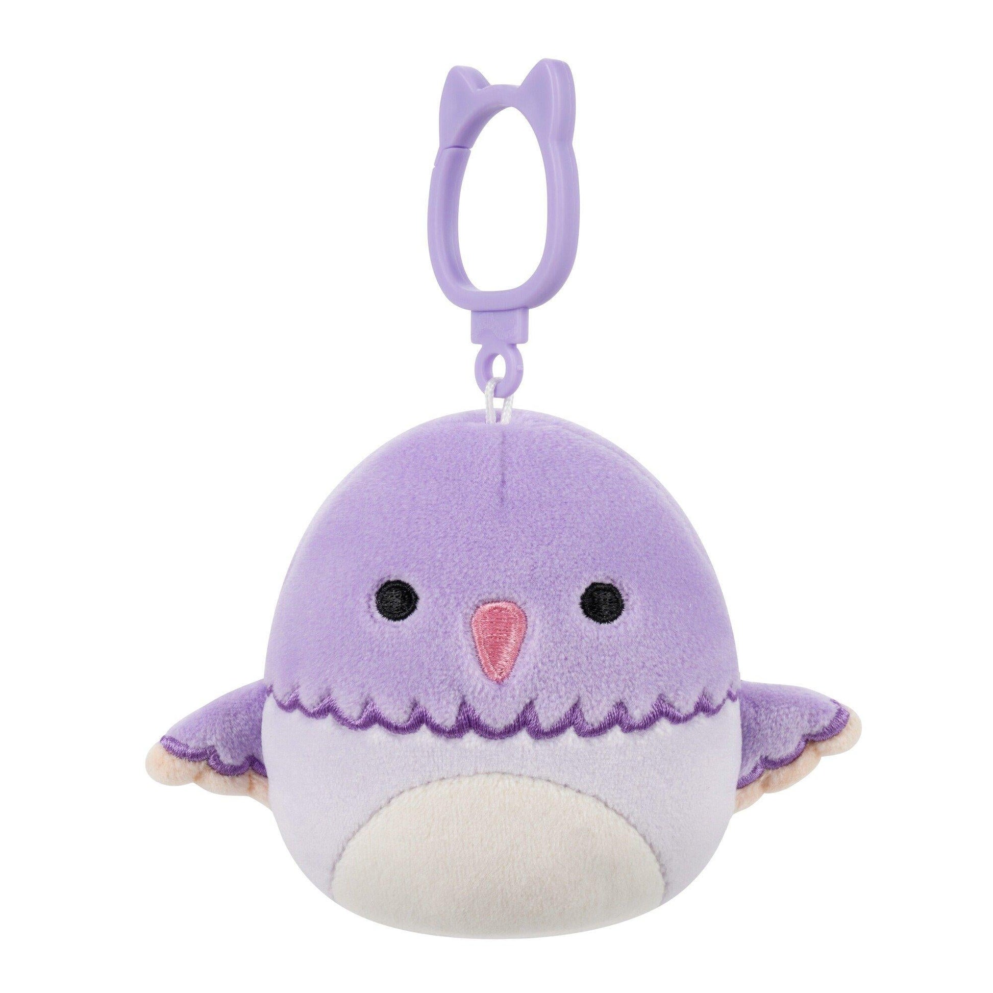 A soft, round purple bird plushie with black eyes, a pink beak, and a lighter belly