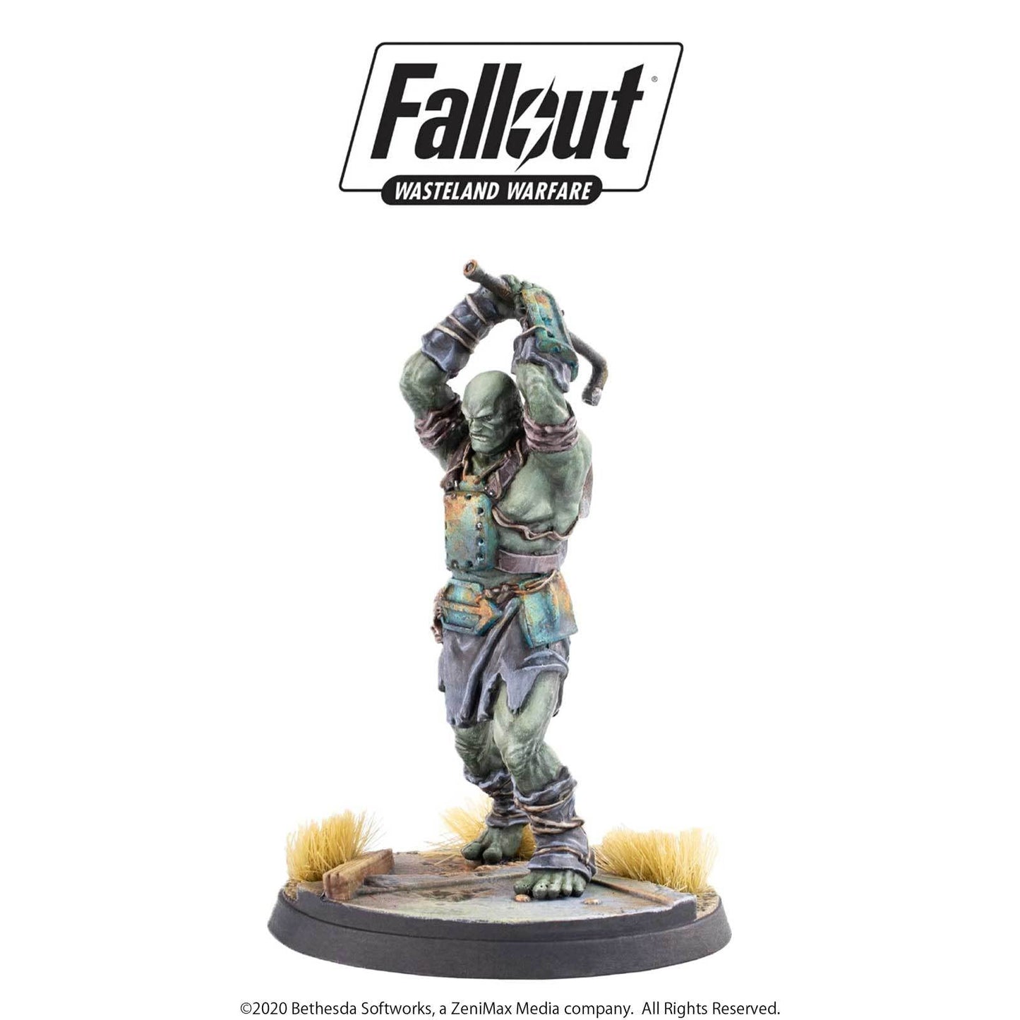 Fallout Wasteland Warfare Super Mutant miniature, green-skinned and armored, raises a pipe club overhead