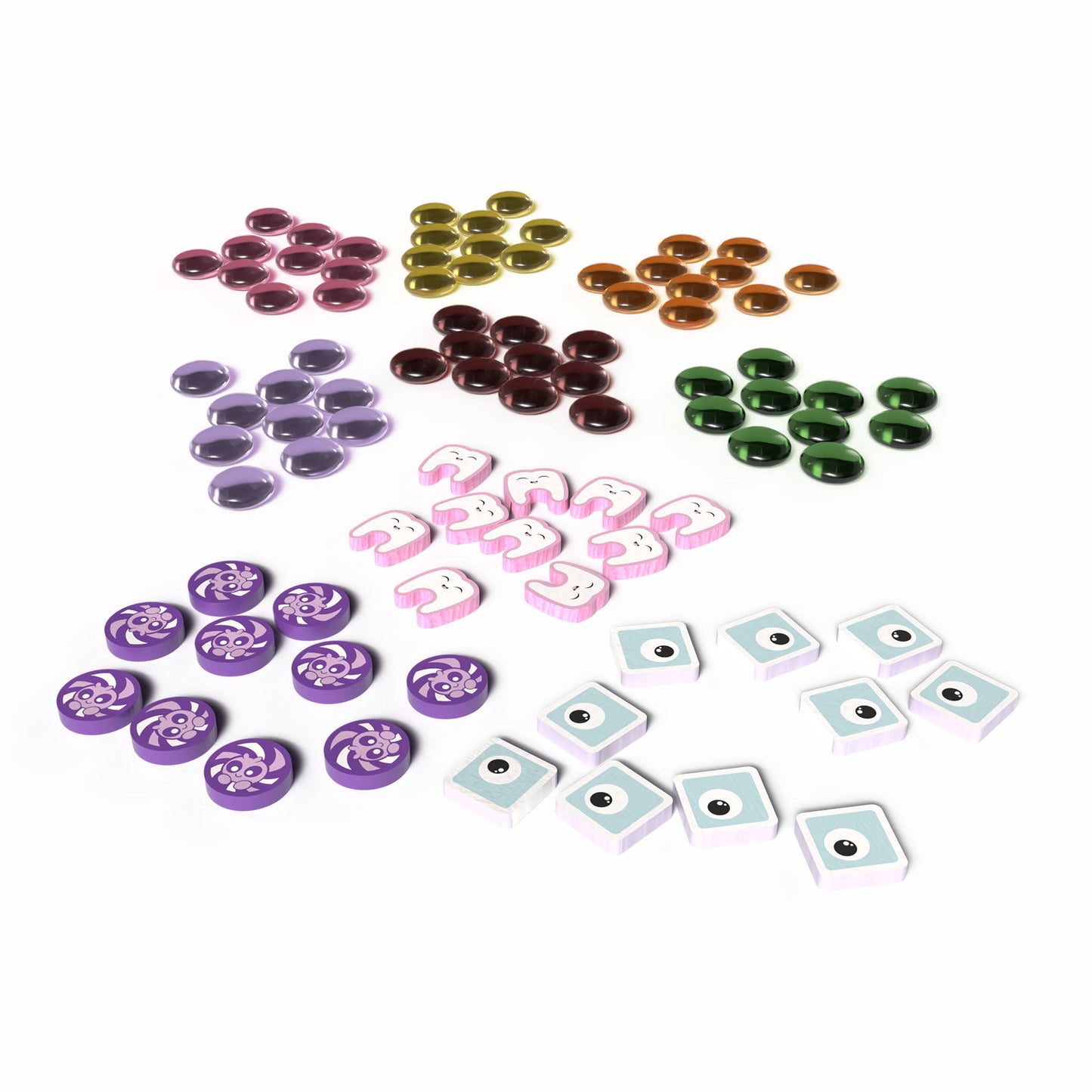 Colorful Tea Witches Deluxe Upgrade Kit game tokens, including translucent gems, pink smiling teeth, purple monster tokens, and blue tiles with eyes