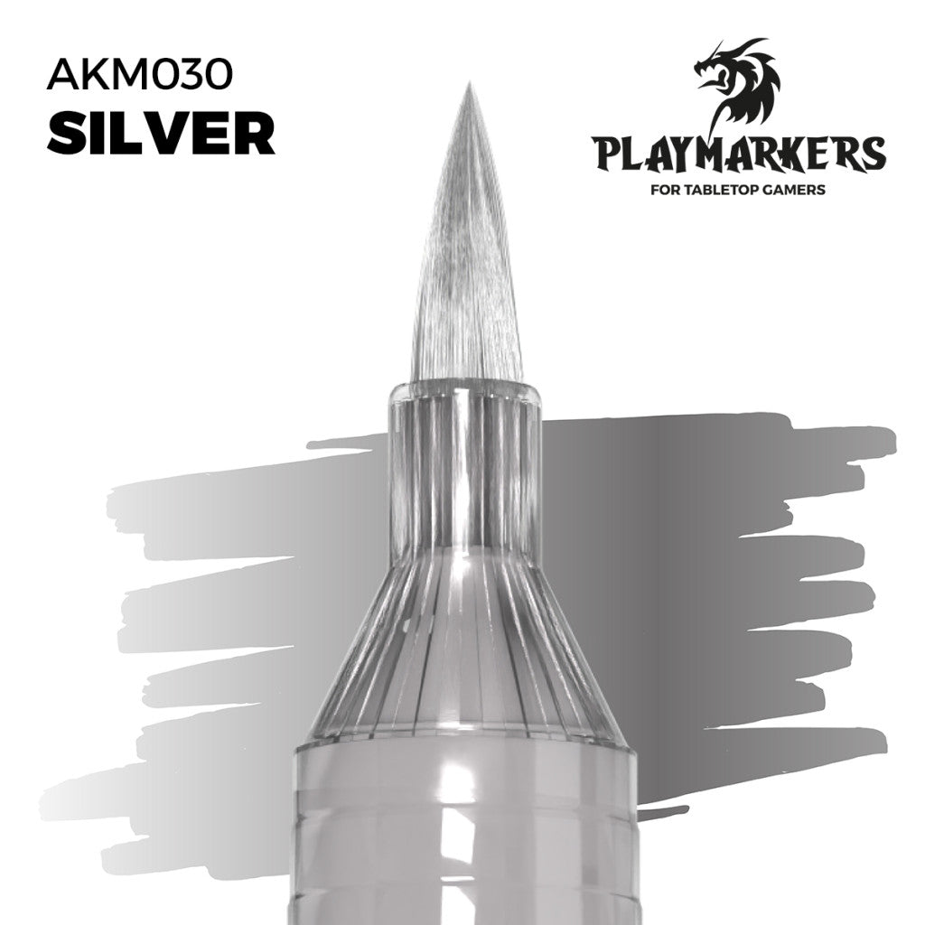 Silver marker tip and paint swatch, Playmakers hobby paint for tabletop gamers
