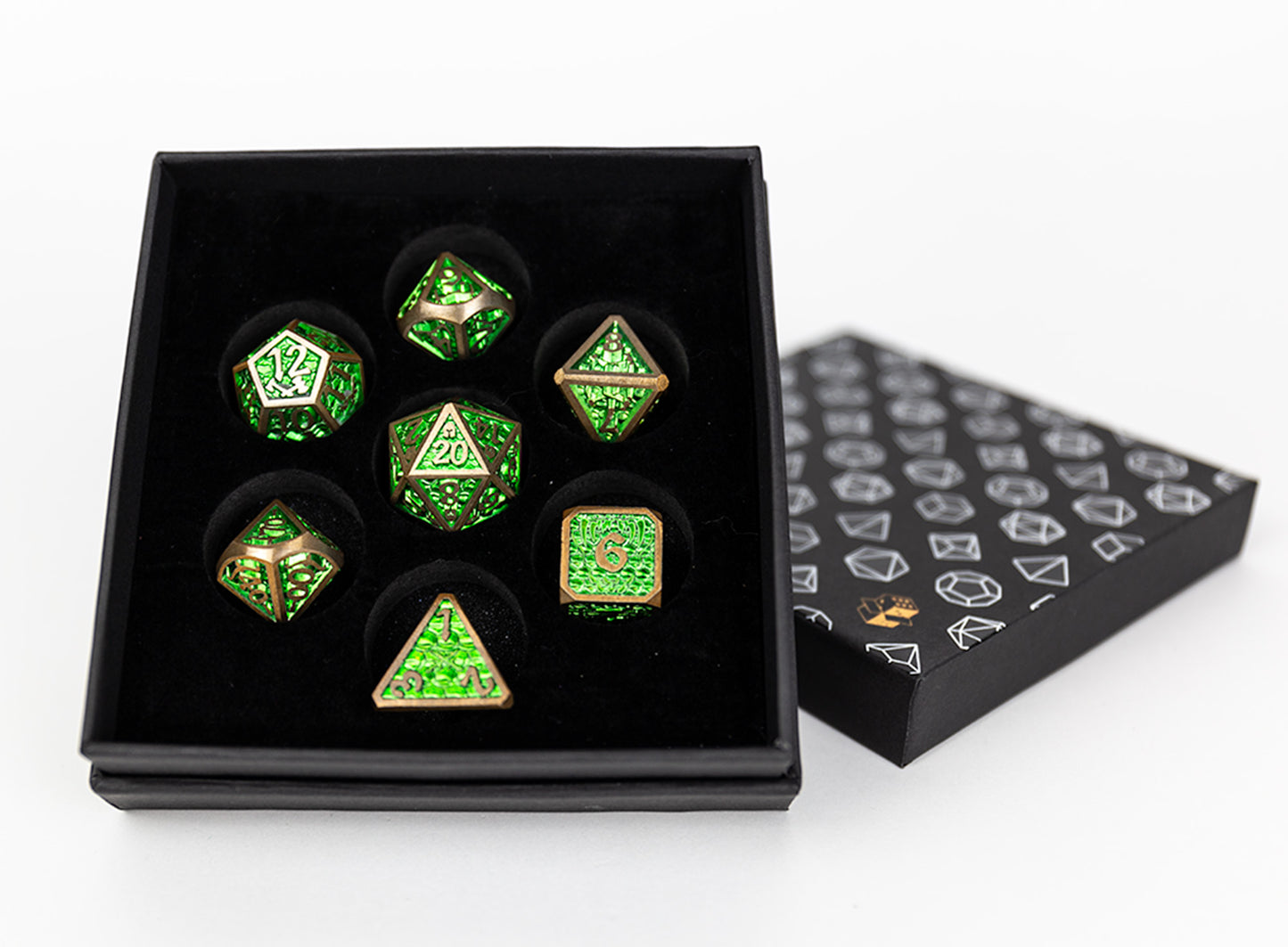 LPG Dice Set - Metal RPG Draco Bright Green/Brass - Good Games