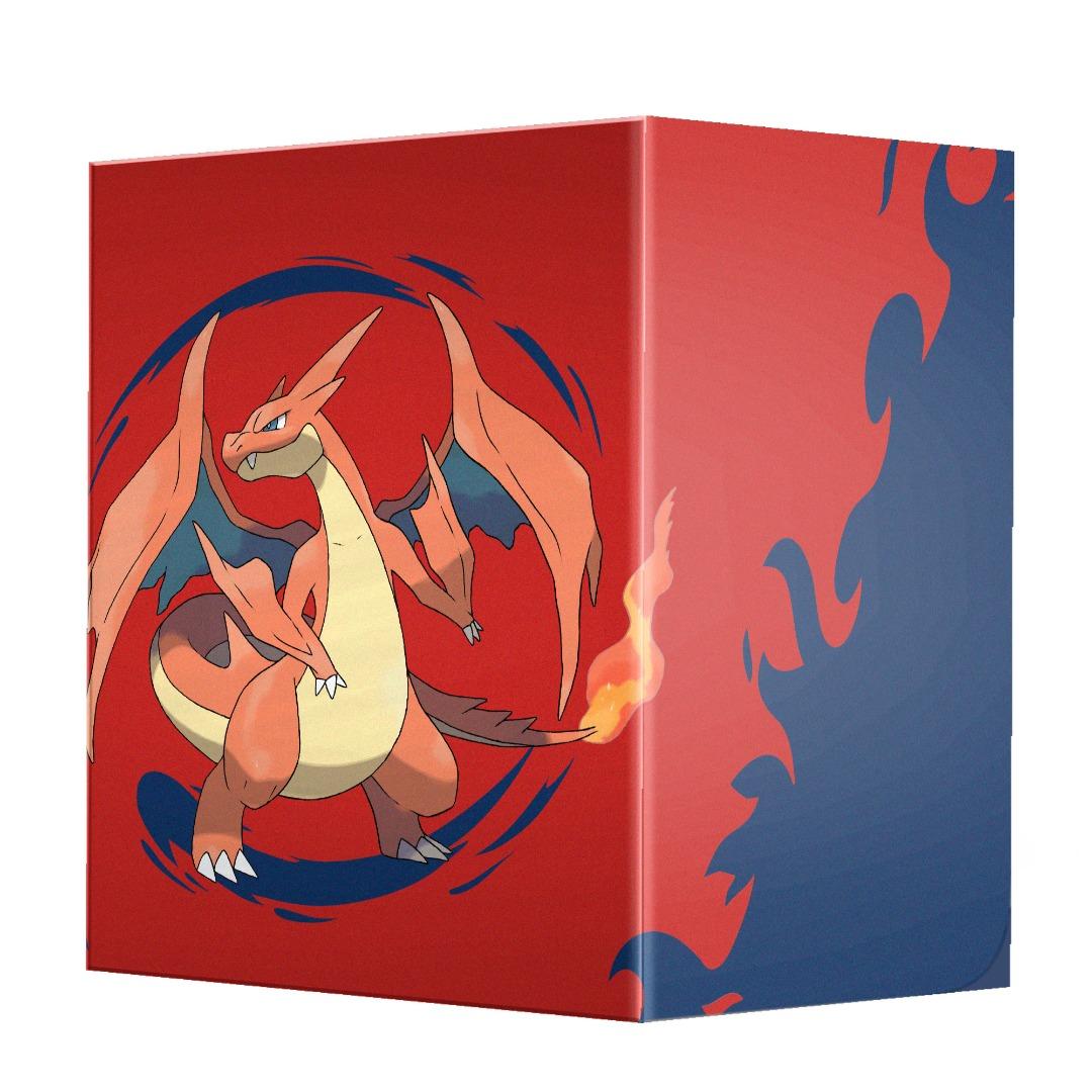 Red TCG deck box featuring a large illustration of the Pokemon Charizard against a swirling blue background