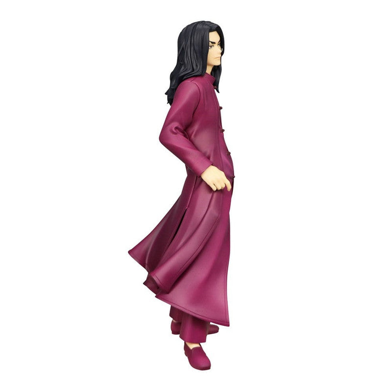 Full body anime figurine of a person with long black hair and fair skin wearing a flowing purple coat and pants