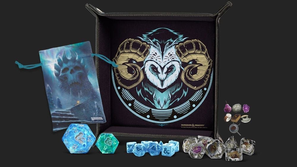 D&D dice set, bag, and rolling tray with a horned owl emblem, includes blue and clear polyhedral RPG dice and miniature treasures
