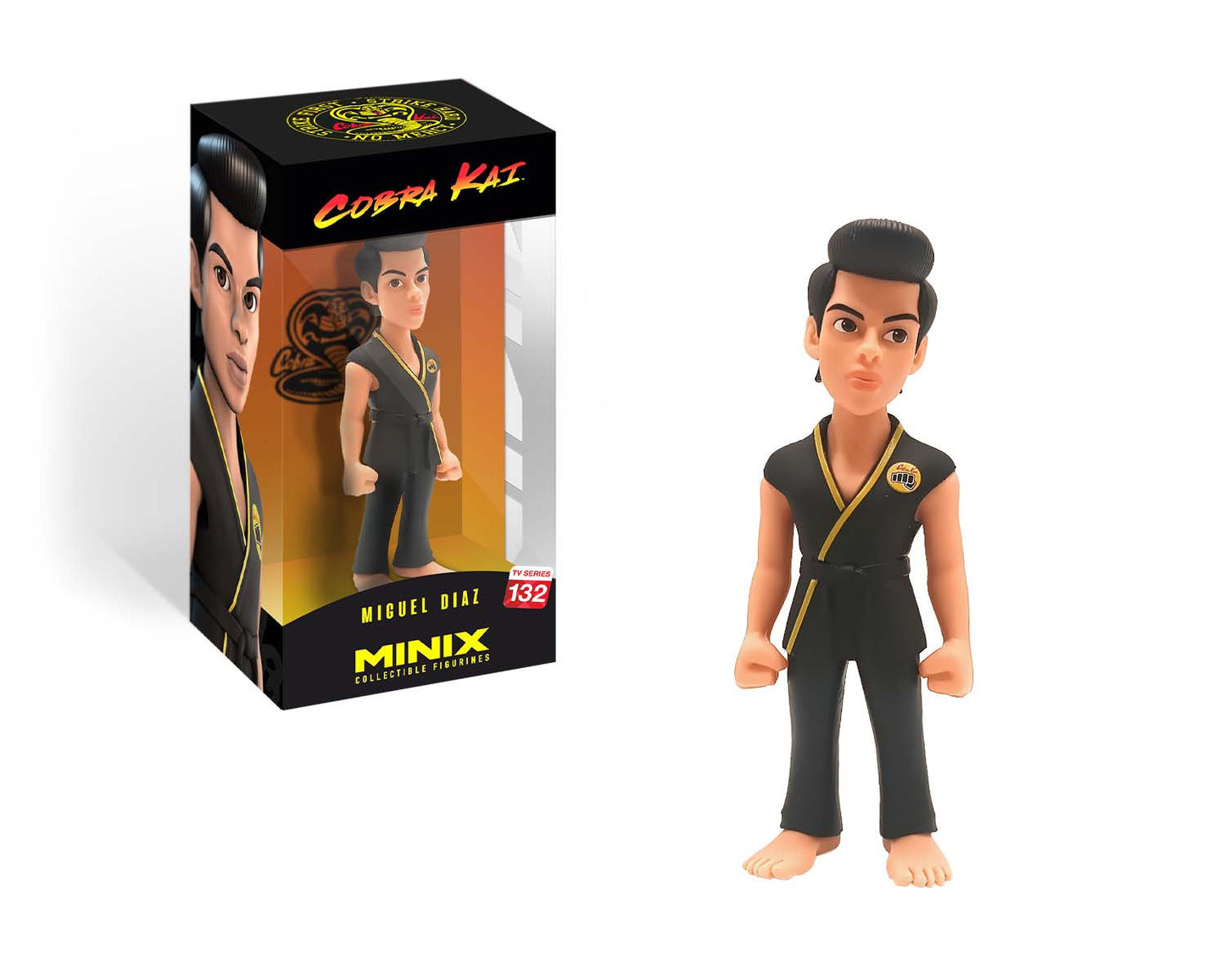 Figure packaged in Cobra Kai box featuring Miguel's name and character artwork